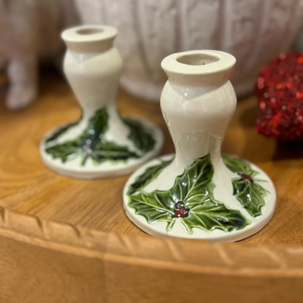 Mid Century Vintage Christmas Art Pottery Candle Holder 3”